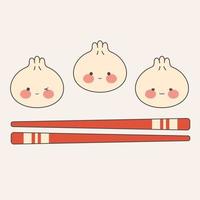 süße Knödel mit verschiedenen Emoticons auf einem Bambusbrett. kawaii dim sum. asiatische traditionelle küche. vektorillustration im flachen karikaturstil. vektor