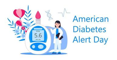 American Association Diabetes Alert Day Konzeptvektor im flachen Stil. Die Veranstaltung findet jährlich am vierten Dienstag im März statt. Arzt und Blutzuckermessgerät vektor