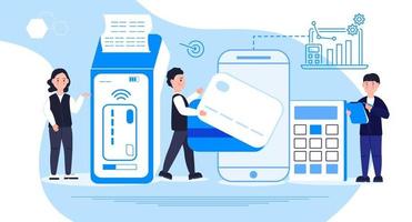 nfc terminal begrepp vektor. nfc betalningar förbi Bank kreditera kort. pos terminal bekräftar e-betalning använder sig av smartphone. mycket liten kunder göra kontaktlös eller trådlös inköp. vektor