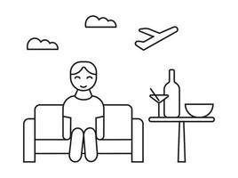 Symbolvektor für den Loungebereich. Tourist sitzt auf dem Sofa und wartet auf den Check-in. Flasche, Cocktail, Schüssel stehen auf dem Tisch. Abflug der Fluggesellschaft vektor