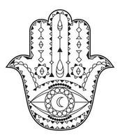 hamsa hand vektor med mystisk, esoterisk symboler tycka om pyramid, ondska öga. indisk Färg sida, tatuering, henna illustration. wicca, astrologiska, ockult konst.