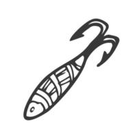 Doodle Fischköder. abstrakte zeitgenössische Fischereiköder in verschiedenen Größen und Formen für Angler. Farbiges, handgezeichnetes Fischerzubehör mit Haken. Vektor isolierte Kunststoff-Wobbler-Set