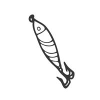 Doodle Fischköder. abstrakte zeitgenössische Fischereiköder in verschiedenen Größen und Formen für Angler. Farbiges, handgezeichnetes Fischerzubehör mit Haken. Vektor isolierte Kunststoff-Wobbler-Set