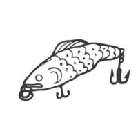 Doodle Fischköder. abstrakte zeitgenössische Fischereiköder in verschiedenen Größen und Formen für Angler. Farbiges, handgezeichnetes Fischerzubehör mit Haken. Vektor isolierte Kunststoff-Wobbler-Set