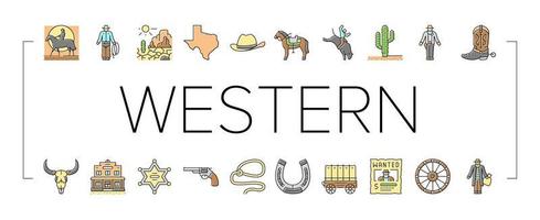 västra cowboy och sheriff man ikoner set vektor
