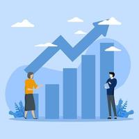 finanzwachstumstrendkonzept, diskussion von geschäftsmarkttrends, präsentation von investitionsinformationen unter verwendung von diagrammen und diagrammen, flache vektorillustration, ideendesign, blau vektor