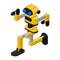 Spielzeuggelber tanzender Roboter, zusammengesetzt aus Plastikwürfeln. Vektor-Cliparts vektor