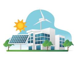 platt isometrisk 3d illustration begrepp av företag kontor med sol- panel energi vektor