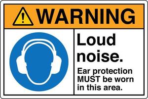 sicherheitszeichen kennzeichnung etikett symbol piktogramm normen warnung lauter lärm gehörschutz muss in diesem bereich getragen werden vektor