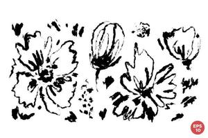 vektorsatz der tintenzeichnung wilder blumen, monochrome künstlerische botanische illustration, isolierte florale elemente, handgezeichnete illustration. vektor