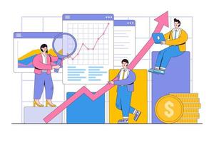 flache statistische und datenanalyse für das investitionskonzept der geschäftsfinanzierung. geschäftsleute team, das mit diagramm arbeitet. minimale vektorillustration des skizzendesignstils für die zielseite vektor