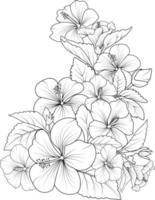 hibiskus blommor illustration färg sida, enkelhet, utsmyckning, svartvit, vektor konst, översikt skriva ut med blommar sharon blomma, löv, och knoppar isolerat på en vit bakgrund.