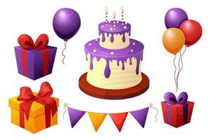 uppsättning födelsedag element, firande kaka och presenterar, krans och ballonger, fest papper hattar i tecknad serie stil isolerat about vit bakgrund. vektor illustration