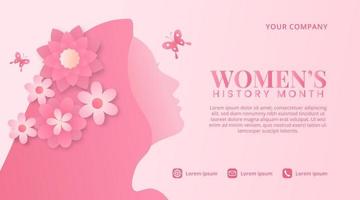 kvinnors historia månad bakgrund med en rosa skärande papper kvinna med blommor och fjärilar vektor