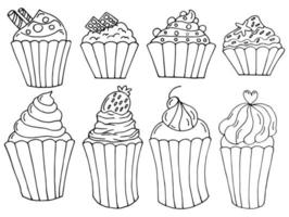 Große Auswahl an handgezeichneten Cupcakes, Illustration. schwarzer Umriss. Kritzeleien, Symbole für Cafés, Lebensmittelindustrie vektor
