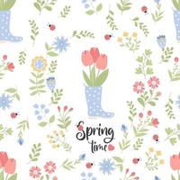 Frühlingszeit. florales nahtloses Muster. Strauß Tulpen in Gummistiefel auf weißem Hintergrund mit Blumen und Marienkäfer. vektorillustration im flachen stil.