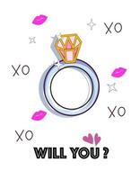 Will you.diamond Ehering, Schmuck Abzeichen, flaches Design. auf dem Hintergrund kleine Lippen und Kreuz und Null, Vektorgrafik im Cartoon-Stil, isoliert auf weißem Hintergrund vektor