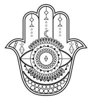 hamsa hand vektor med mystisk, esoterisk symboler tycka om pyramid, ondska öga. indisk Färg sida, tatuering, henna illustration. wicca, astrologiska, ockult konst.