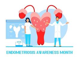 endometrios medvetenhet månad begrepp vektor. hälsa vård händelse är berömd i Mars. mycket liten doktorer undersöka livmoder, livmoder med förstoringsglas vektor