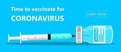 Coronavirus-Impfkonzeptvektor. covid-19 impfflasche und spritzeninjektionswerkzeug illustration im flachen stil. Impfbehandlungsbanner vektor