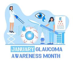 Im Januar wird in den USA der Glaucoma Awareness Month gefeiert. Linsentrübungsdiagnose. Augenarzt-Sehkraftuntersuchung mit winzigen Menschen. optometrischer Gesundheitsvektor vektor