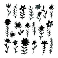 Set mit einfachen Doodle-Blumen und Blättern. Schwarz-Weiß-Zeichnung, Blumenkleckse, Abstraktion vektor