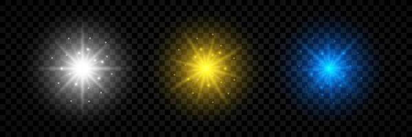 Lichteffekt von Lens Flares. satz von drei weiß, gelb und blau leuchtenden lichtern starburst-effekten mit funkeln vektor