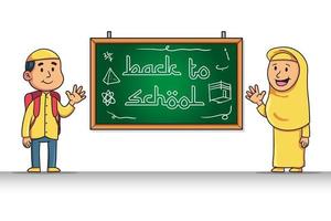 tecknad karaktär av muslimsk student ge tillbaka till skolan hälsning vektor