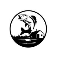 walleye fisk hoppar på sjön med loge stuga cirkel svartvitt retro emblem vektor