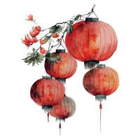 kinesisk ny år festlig vektor kort design på vattenfärg bakgrund kinesisk röd lyktor