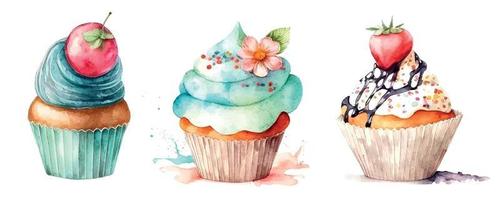 Cupcake-Set mit Sahne. aquarellillustration eis vektor