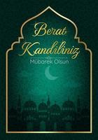 muslimischer feiertag berat kandiliniz. vektorkonzept der islamischen heiligen nacht. vertikale Karte mit Silhouette der Moschee und Halbmond. Mubarec Olsun. Vektor auf grünem Hintergrund mit Farbverlauf