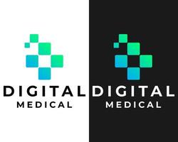 Cross Medical Hospital-Symbol und digitales Logo-Design mit quadratischen Pixeln. vektor