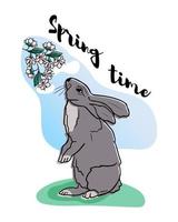 lustiges handgezeichnetes graues kaninchen auf dem gras und riechende kirschblüte. schriftzug frühlingszeit. vektor lokalisierte illustration, flacher charakter der karikatur. grußkarte, basteln. Kinderdruckdesign