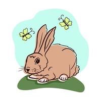 Gemütliches handgezeichnetes beiges Cartoon-Kaninchen, das auf grünem Gras mit gelben Schmetterlingen sitzt. vektor lokalisierte illustration, flacher charakter der karikatur. grußkarte, modedruck. Kinderdruckdesign