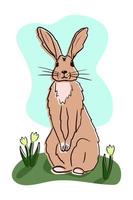 blyg hand dragen beige tecknad serie kanin på de grön gräs med gul tulpaner. vektor isolerat illustration, tecknad serie platt karaktär. hälsning kort, mode skriva ut. barn skriva ut design