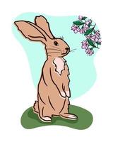 hand dragen söt beige tecknad serie kanin på de grön gräs och rosa körsbär blomma. vektor isolerat illustration, tecknad serie platt karaktär. hälsning kort, mode skriva ut. barn skriva ut design