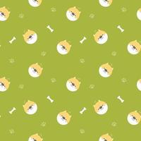 Nahtloses süßes Tierhaustier Shiba Inu Hund Wiederholungsmuster mit Knochen, Fußabdruck im flachen Vektorillustrations-Zeichentrickfilm-Charakterdesign des grünen Hintergrundes vektor