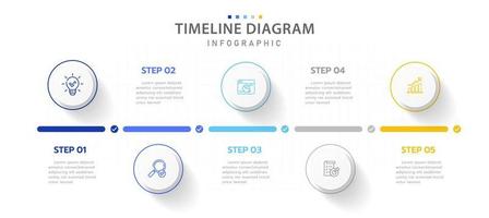 Infografik-Vorlage für Unternehmen. 5 Schritte moderne Zeitachsendiagramm-Roadmap mit Kreiskreisdiagramm, Präsentationsvektor-Infografik. vektor