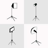 Vektor Fotograf Studio Beleuchtung Ausrüstung Icon Set. Scheinwerfer und Lampe, Blitz und professionelle Technologie fotografisch. Designelemente für professionelles Fotostudiozubehör im flachen Stil.