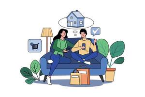 Paar sitzt auf dem Sofa und denkt über die Waren nach, die sie kaufen möchten vektor