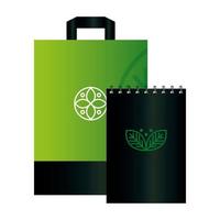 Mockup Bag Papier und Notizbuch mit Zeichen der grünen Firma, Identität Corporate vektor