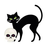 Halloween, niedliche schwarze Katze und Schädel im weißen Hintergrund vektor