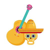 gelber mexikanischer Schädel mit Hut und Gitarre, auf weißem Hintergrund vektor