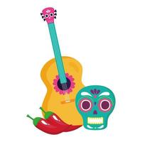 mexikanischer Schädel mit Gitarre und Chilischoten, auf weißem Hintergrund vektor