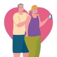 süßes altes Paar, das ein selfie mit Smartphone im Herzhintergrund nimmt vektor