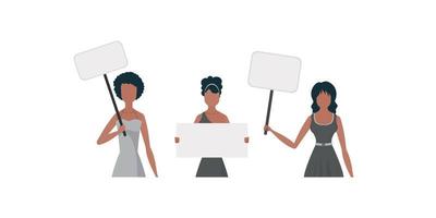 en uppsättning av flickor vem är protesterar. tömma transport i de händer. tecknad serie stil. vektor illustration.