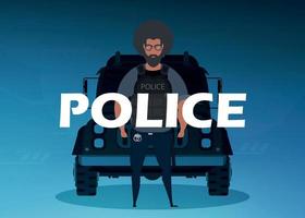 Ein Polizist in kugelsicherer Weste und Maske vor einem Auto. quadratisches Banner. Cartoon-Stil. vektor