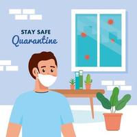 Bleiben Sie zu Hause, Quarantäne oder Selbstisolation, Mann mit medizinischer Maske im Haus, bleiben Sie sicher Quarantäne-Konzept vektor