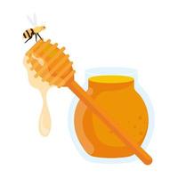 Glas und Honigschöpflöffelstab und Biene, auf weißem Hintergrund